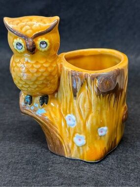 Vtg 70s Japan Ceramic Owl Log Toothpick Match Holder Gold Glazed